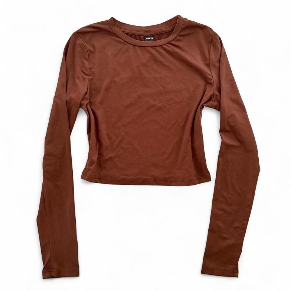Brown Long Sleeve Fitted Crop Top